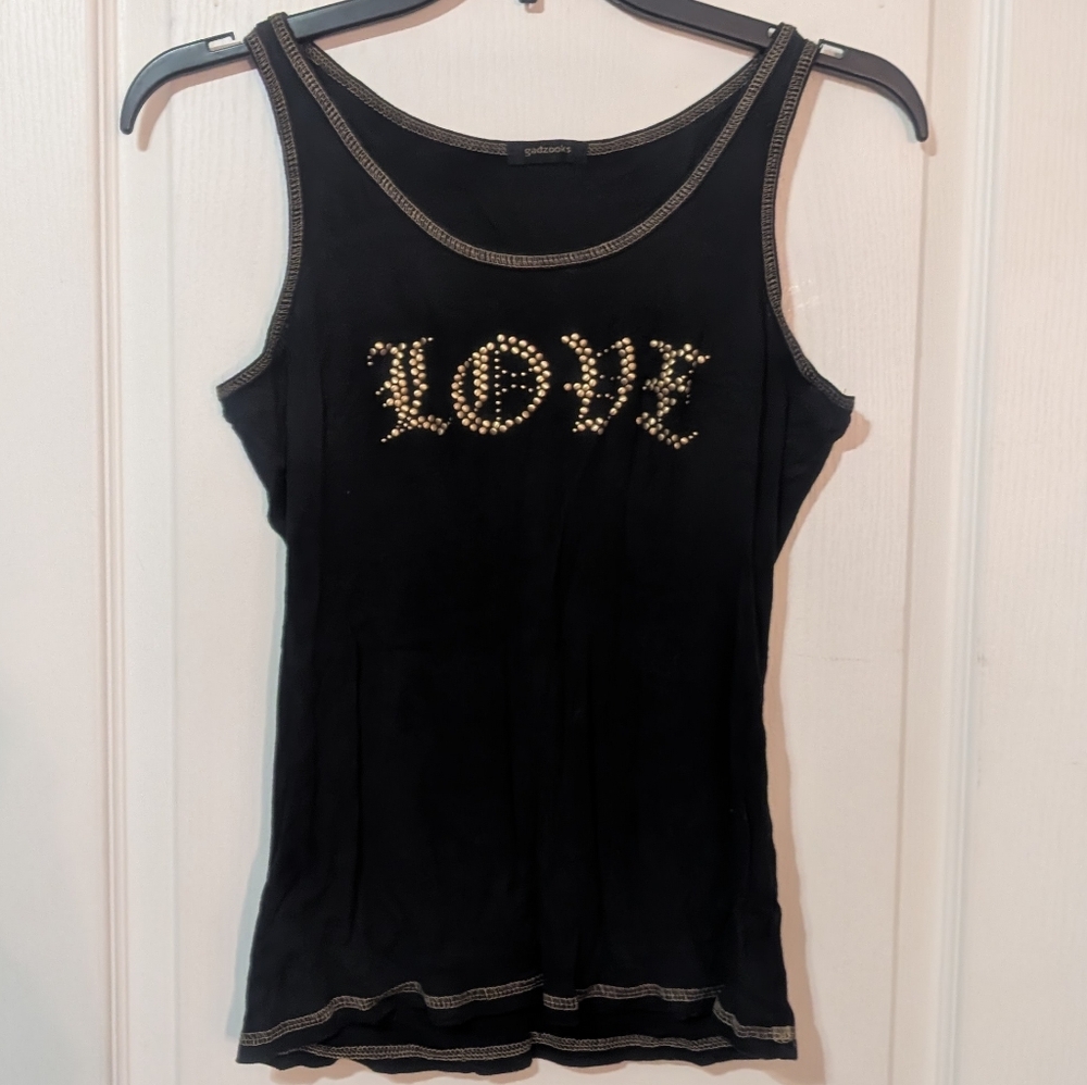 Gadzooks Y2K 2000's Vintage Black Gold Embellished Ribbed Love Tank Top Retro M